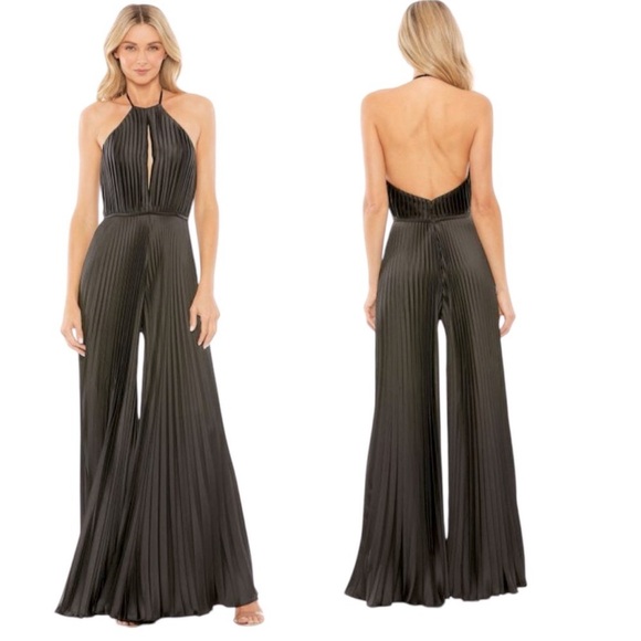 NEW leena for Mac Duggal Halter Key Hole Neck Pleated Wide Leg Jumpsuit 27457 - Picture 1 of 7